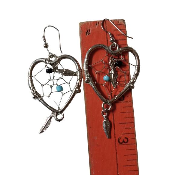 🌵 Vintage Dream Catcher Earrings Heart Turquoise Feather Drop Southwest Boho 3" - Picture 9 of 10
